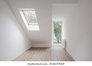 Empty attic room with balcony window, roof window and white walls