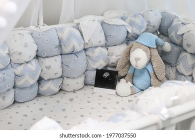 Empty Baby Cot With Beautiful Blue Textiles. Ultrasound Of A Child With Knitted Toy. Pregnancy. Canopy And White Crib.