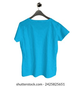 Una maqueta de camiseta femenina clásica de vista trasera vacía en color azul pavo real en la percha, para ayudar a su diseño más fácil y más hermoso.
 Foto de stock