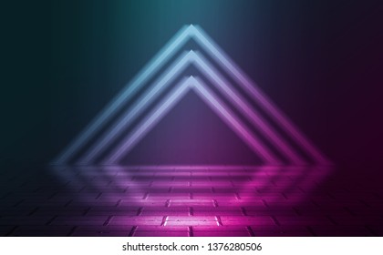 Empty background scene. Dark reflection of the street on the wet asphalt. Rays of neon light in the dark, neon figures, smoke. Night view of the street, the city. Abstract dark background. - Powered by Shutterstock - Get 15% off with code: PIKWIZARD15