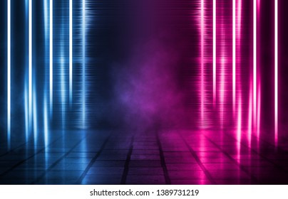Empty background scene. Dark street, reflection of blue and pink neon light on wet pavement. Neon shapes. Rays of light in the dark, smoke. Abstract dark background.