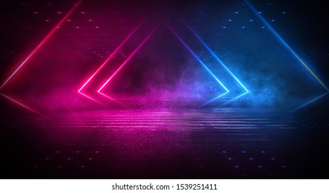 Empty background scene. Dark street reflection on the wet pavement. Rays neon light in the dark, neon figures, smoke. Night view of the street, the city. Abstract dark background. Abstract spotlight.  - Shutterstock ID 1539251411