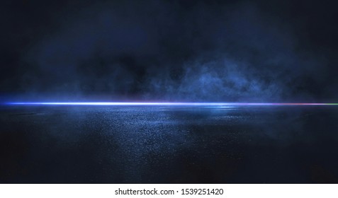 Empty background scene. Dark street reflection on the wet pavement. Rays neon light in the dark, neon figures, smoke. Night view of the street, the city. Abstract dark background. Abstract spotlight.  - Shutterstock ID 1539251420