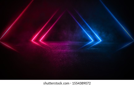 Empty background scene. Dark street reflection on the wet pavement. Rays neon light in the dark, neon figures, smoke. Night view of the street, the city. Abstract dark background. Abstract spotlight.  - Shutterstock ID 1554389072