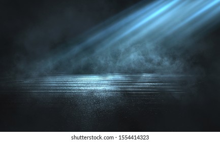 Empty background scene. Dark street reflection on the wet pavement, smoke. Abstract spotlight. 