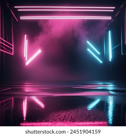 Empty background scene. Dark street reflection on wet asphalt. Rays of colorful neon light. Abstract dark and colorful neon background. - Powered by Shutterstock