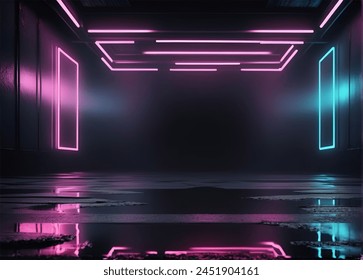 Empty background scene. Dark street reflection on wet asphalt. Rays of colorful neon light. Abstract dark and colorful neon background. - Powered by Shutterstock