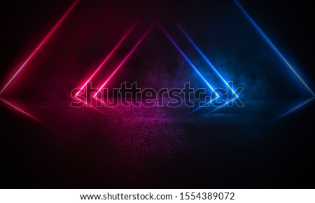 Empty background scene. Dark street reflection on the wet pavement. Rays neon light in the dark, neon figures, smoke. Night view of the street, the city. Abstract dark background. Abstract spotlight. 