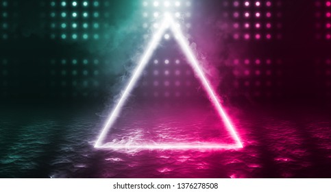 Empty background scene. Rays of neon light in the dark, neon figure of a triangle, smoke. Night view of the street, the city. Abstract dark background.