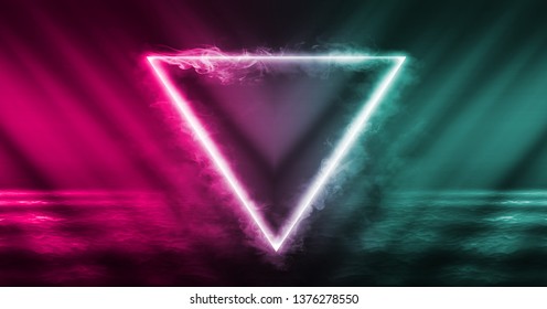 Empty background scene. Rays of neon light in the dark, neon figure of a triangle, smoke. Night view of the street, the city. Abstract dark background.