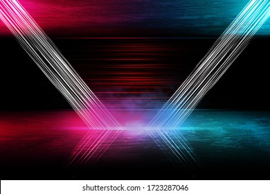 Empty background scene. Rays of neon light in the dark, neon figures, smoke. Background of empty stage show. Abstract dark background.