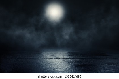 Empty background scene. Reflection of the moon on a wet surface. Rays of blue neon light in the dark. Night view of the street, the city. Abstract dark background. - Shutterstock ID 1383414695