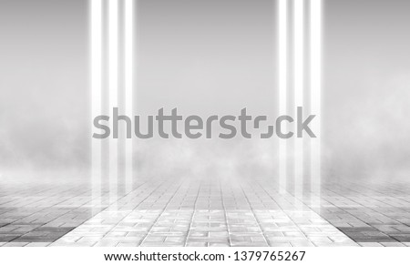 Empty background scene. Empty street background with concrete floor, neon lights and smoke. Gray abstract empty background