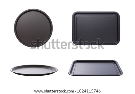 Empty baking tray for pizza close up top view square. Mock up for design. Set.