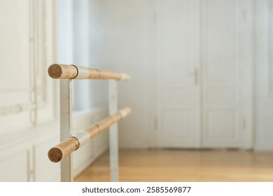 Empty ballet dance studio with barre. Professional ballet barre for stretching practicing dancing positions in dance school Dance hall ready for ballet class training. Ballet school