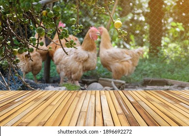 Empty Bamboo Table Top Stands For Product Display With Defocused Chicken Farm Background. The Photo Includes A Table Clipping Path 