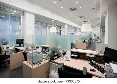 Empty bank office with desks in raw