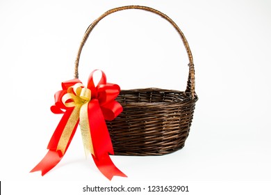 Empty Basket Item : Red Satin Ribbon Bow On Brown Basketry For Christmas And New Year Gift Set