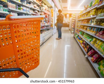 Empty Basket On Shopping Cart In Supermarket Or Convenience Store