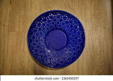 Empty Basket Shot Overhead, From Top, Isolated On Wood Background.