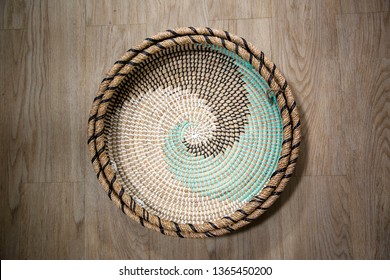 Empty Basket Shot Overhead, From Top, Isolated On Wood Background.