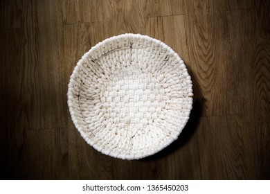 Empty Basket Shot Overhead, From Top, Isolated On Wood Background.