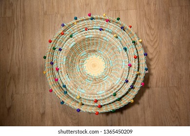 Empty Basket Shot Overhead, From Top, Isolated On Wood Background.