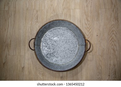 Empty Basket Shot Overhead, From Top, Isolated On Wood Background.