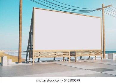 Empty Beach Billboard. Advertisement Concept. Front View. Mock Up, 3D Rendering