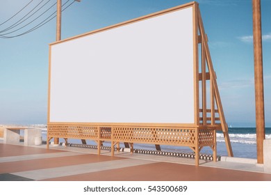 Empty Beach Billboard. Advertisement Concept. Side View. Mock Up, 3D Rendering