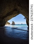 Empty beach at cathedral cove in New Zealand.