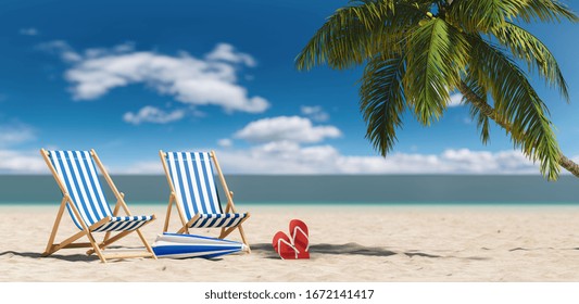 Empty beach chairs with flip-flop sandals next to a palm tree at the beach during a summer vacation in the Caribbean
