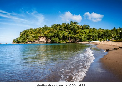 Empty beach on the edge of Soufriere, a town on the West Coast of Saint Lucia, in the eastern Caribbean Sea.