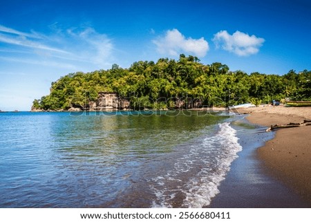 Empty beach on the edge of Soufriere, a town on the West Coast of Saint Lucia, in the eastern Caribbean Sea.