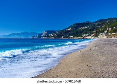 Empty Beach. Province Of Savona, Liguria. Italy