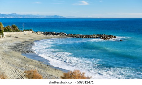 Empty Beach Of Varazze. Province Of Savona. Italy