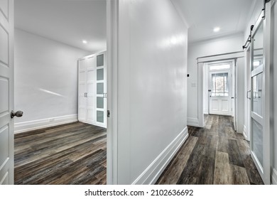 Empty Beautiful Old Style Modern Renovated Apartment In 2 Floors Canadian House With Nice Contemporary Equipped Kitchen With Appliances, Stove, Fridge, Washer And Dryer, New Bathroom And Powder Room