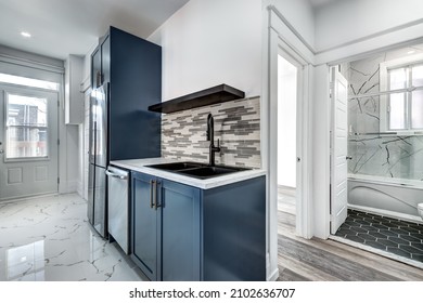 Empty Beautiful Old Style Modern Renovated Apartment In 2 Floors Canadian House With Nice Contemporary Equipped Kitchen With Appliances, Stove, Fridge, Washer And Dryer, New Bathroom And Powder Room