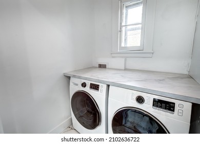 Empty Beautiful Old Style Modern Renovated Apartment In 2 Floors Canadian House With Nice Contemporary Equipped Kitchen With Appliances, Stove, Fridge, Washer And Dryer, New Bathroom And Powder Room