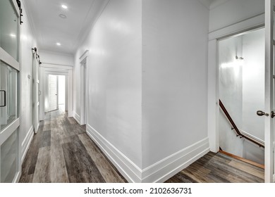 Empty Beautiful Old Style Modern Renovated Apartment In 2 Floors Canadian House With Nice Contemporary Equipped Kitchen With Appliances, Stove, Fridge, Washer And Dryer, New Bathroom And Powder Room