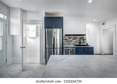 Empty Beautiful Old Style Modern Renovated Apartment In 2 Floors Canadian House With Nice Contemporary Equipped Kitchen With Appliances, Stove, Fridge, Washer And Dryer, New Bathroom And Powder Room