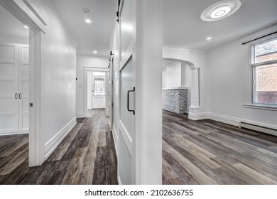 Empty Beautiful Old Style Modern Renovated Apartment In 2 Floors Canadian House With Nice Contemporary Equipped Kitchen With Appliances, Stove, Fridge, Washer And Dryer, New Bathroom And Powder Room