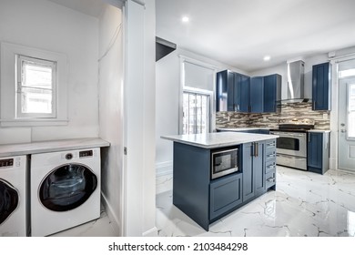 Empty Beautiful Old Style Modern Renovated Apartment In 2 Floors Canadian House With Nice Contemporary Equipped Kitchen With Appliances, Stove, Fridge, Washer And Dryer, Laundry, Balcony, New Bathroom