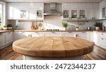 Empty beautiful round wood tabletop counter on interior in clean and bright kitchen background, Ready for display, Banner, for product montage