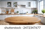 Empty beautiful round wood tabletop counter on interior in clean and bright kitchen background, Ready for display, Banner, for product montage