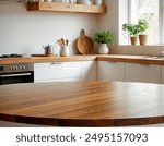 Empty beautiful round wood tabletop counter on interior in clean and bright kitchen background, Ready for display, Banner, for product montage 