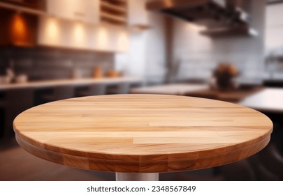 Empty beautiful round wood tabletop counter on interior in clean and bright kitchen  background, Ready for display, Banner, for product montage