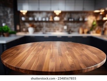 Empty beautiful round wood tabletop counter on interior in clean and bright kitchen  background, Ready for display, Banner, for product montage - Shutterstock ID 2348567855