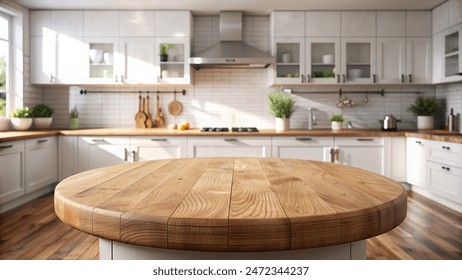 Empty beautiful round wood tabletop counter on interior in clean and bright kitchen background, Ready for display, Banner, for product montage