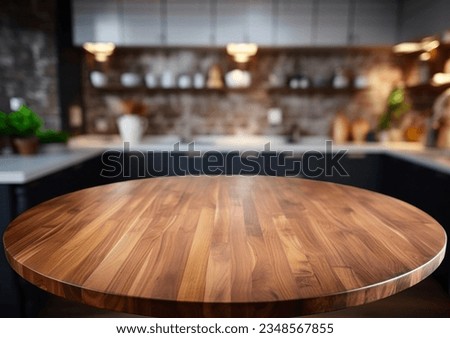 Empty beautiful round wood tabletop counter on interior in clean and bright kitchen  background, Ready for display, Banner, for product montage 商業照片 © 